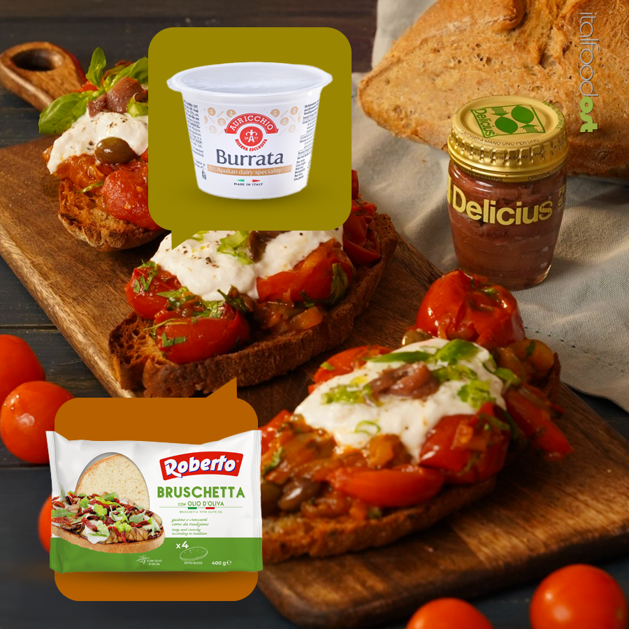 Bruschetta Roberto burrata Auricchio acciughe Delicius