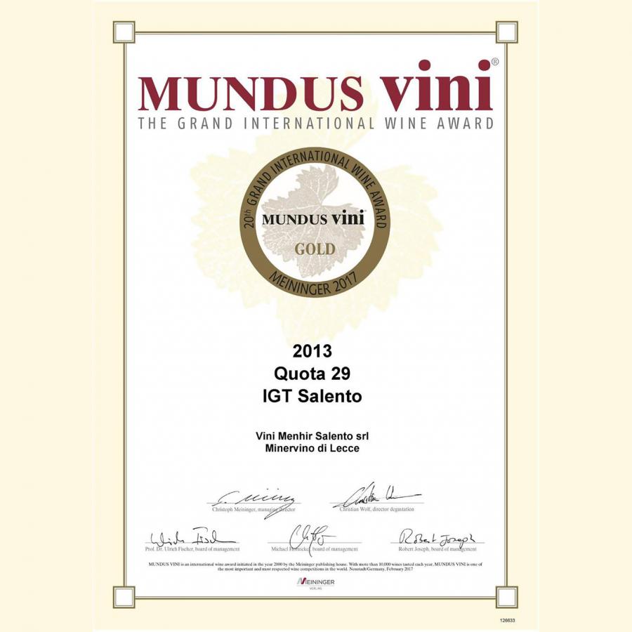 Quota 29 Mondus Vini 2017 Goldmedaille